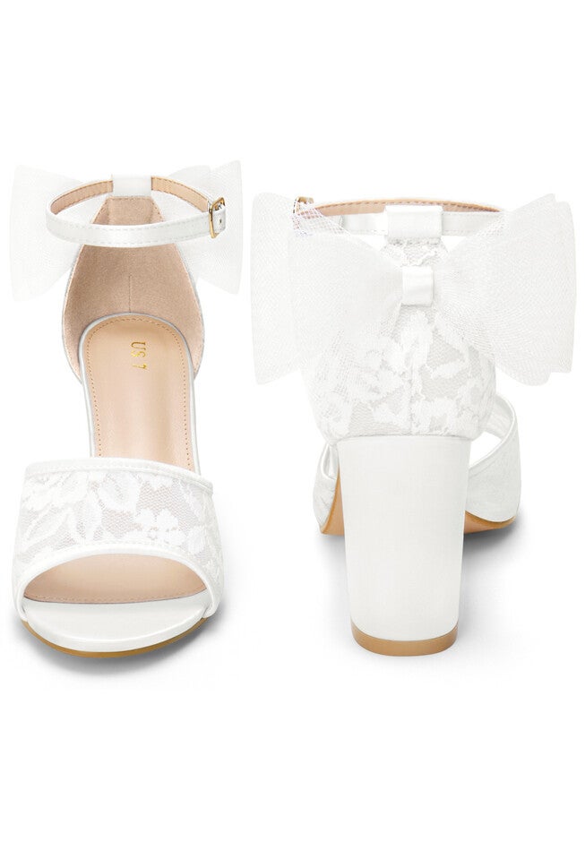 Lace Open Toe Bow Ankle Strap Block Heel Sandals, White / White, alternate image number 1