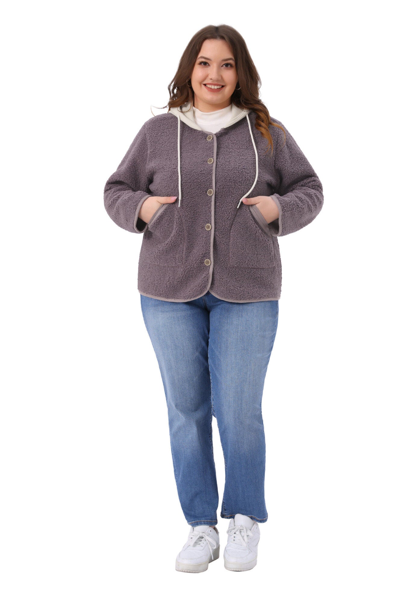 Hooded Fleece Teddy Fluffy Outerwear Coats with Pockets, Purple / Purple, hi-res image number 0