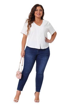 V Neck Short Sleeve Shirt with Split Hem