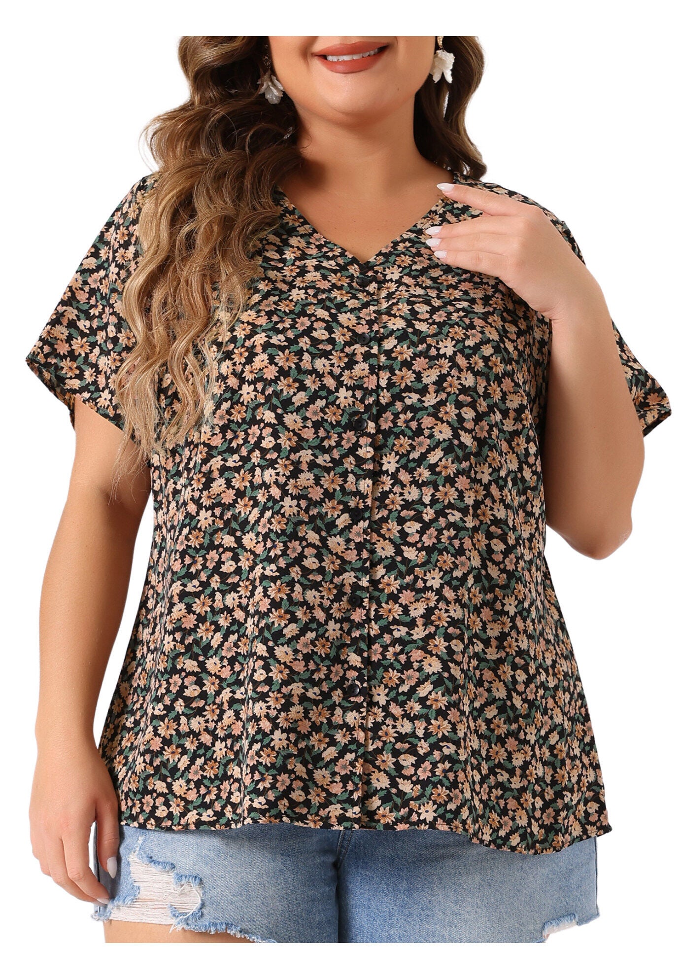 V Neck Button Short Sleeve Floral Blouse, Black / Black, alternate image number 2