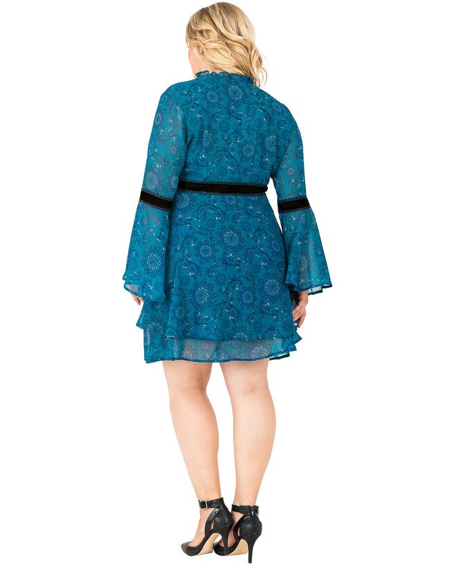 Etsy Wrap Over Flared Sleeves Tiered Skirt with Velvet Trim Dress, , alternate image number null