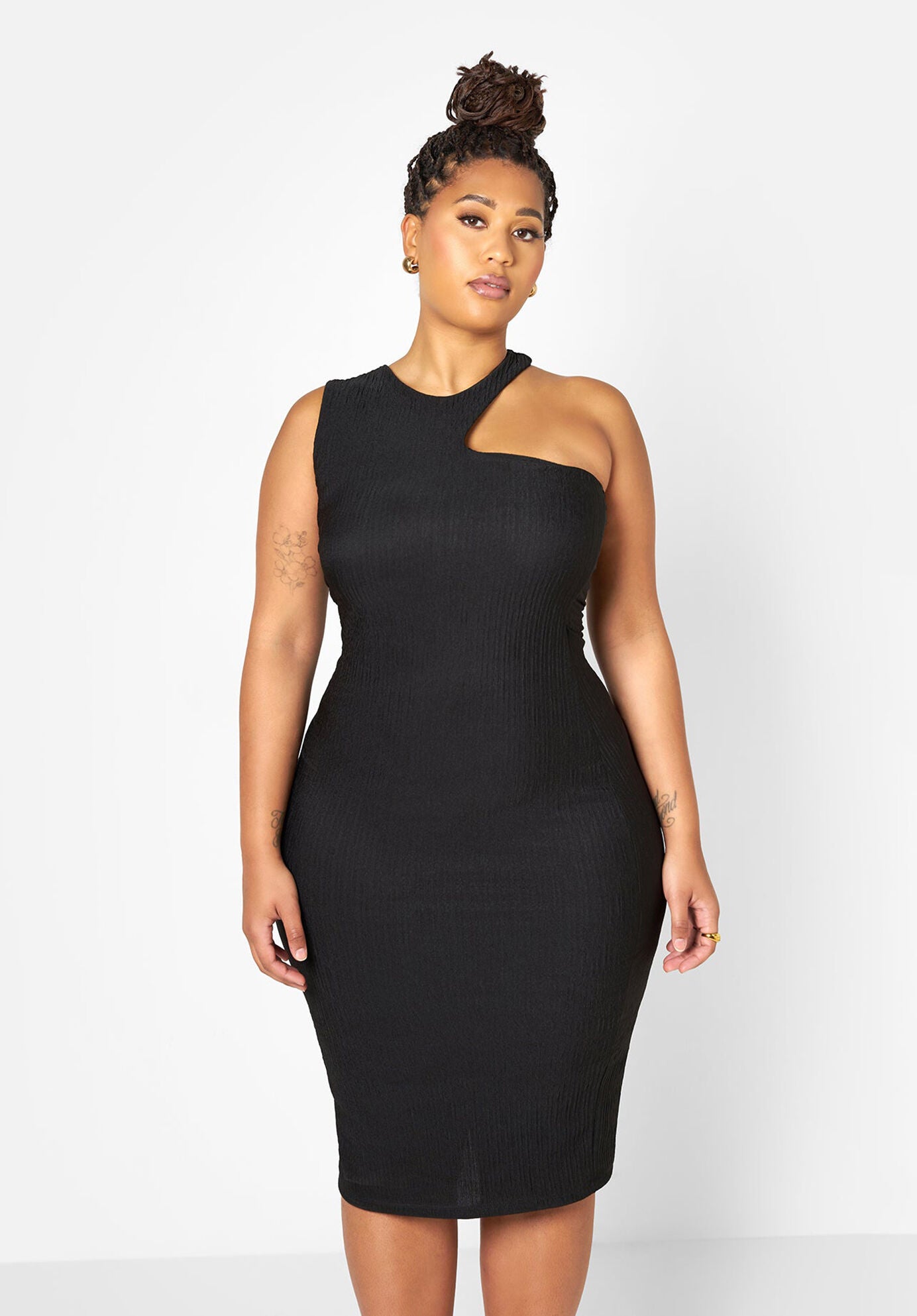 Nieves Textured Cold Shoulder Midi Bodycon Dress, Black / Black, alternate image number 1