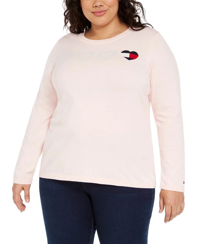 Tommy Hilfiger Women's Plus Size Heart Logo Cotton Sweater Pink Size 1X, Pink / Pink, hi-res image number 0