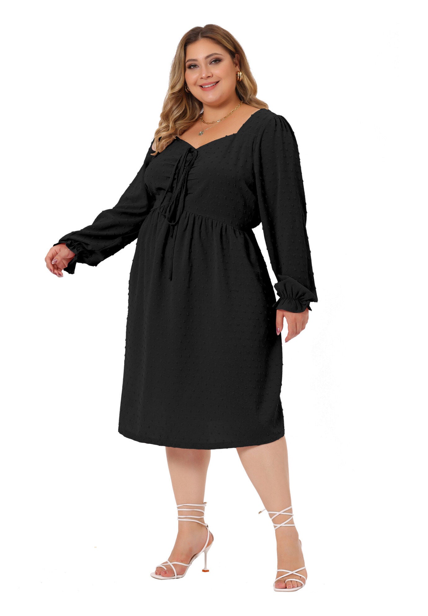 Swiss Dots Long Sleeve Sweetheart Neck Ruffle Tiered Midi Dress, Black / Black, hi-res image number 0