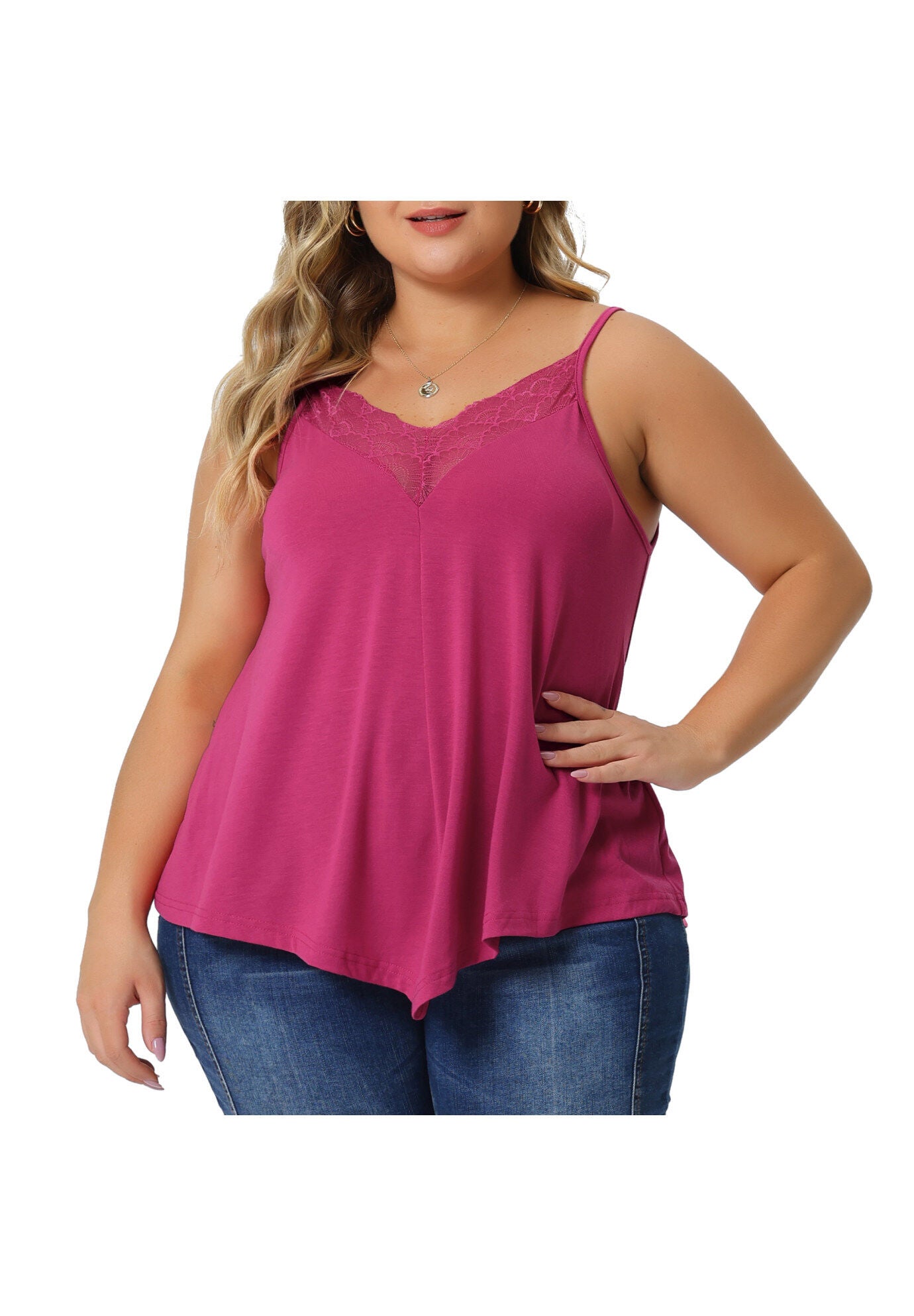 V-NECK LACE FRONT SPAGHETTI STRAP SLEEVELESS CAMI TANK TOP, Fuchsia / Deep Fuchsia, alternate image number 1