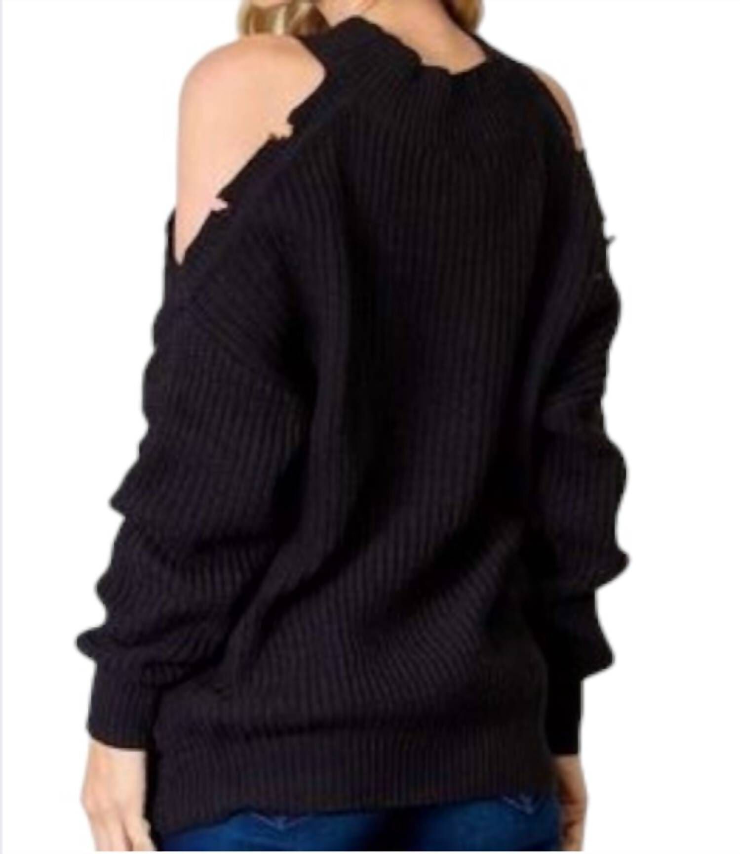 CUTOUT SHOULDER SWEATER IN BLACK, Black / Black, alternate image number 1