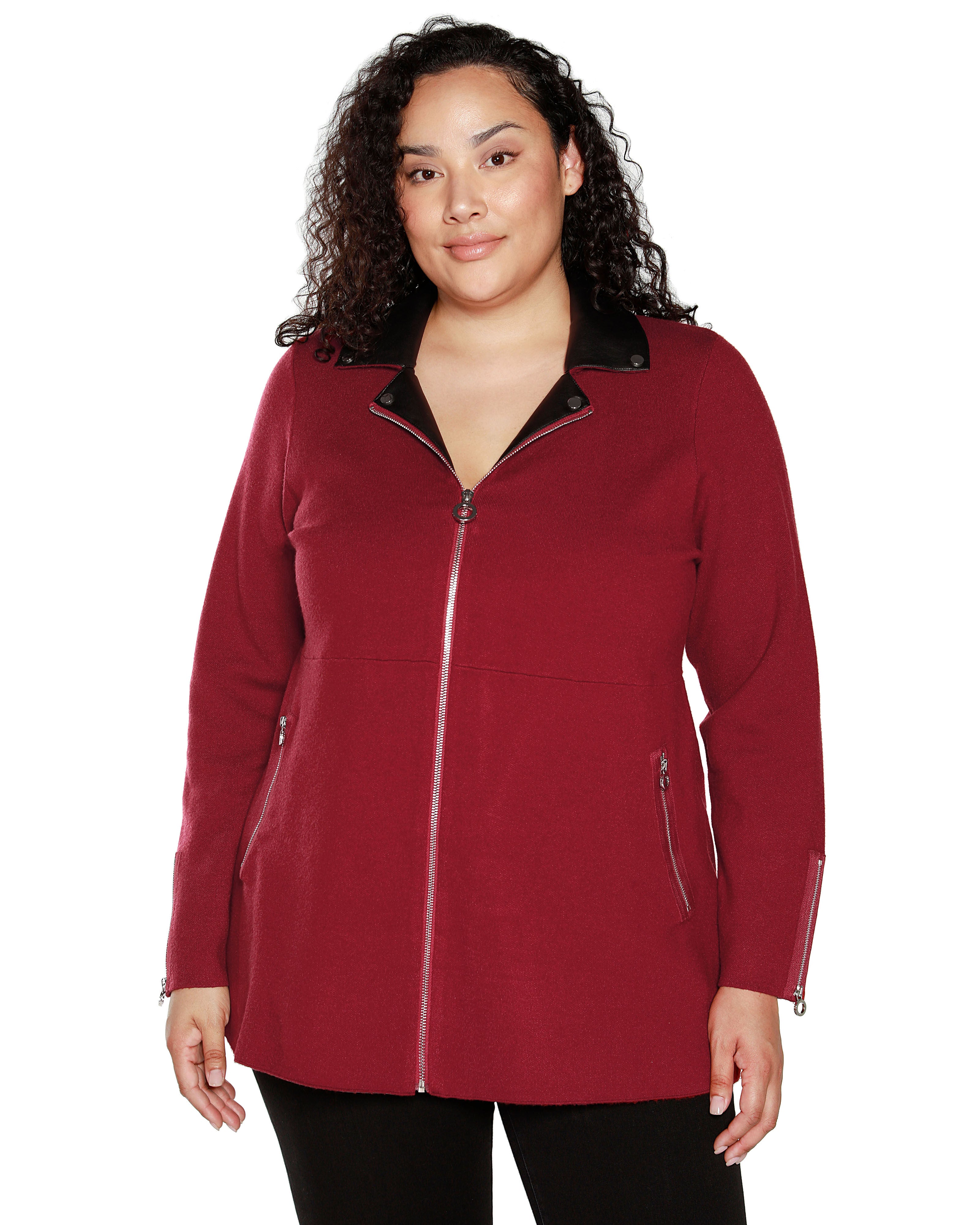 FAUX-LEATHER COLLARED SWEATER JACKET, Cranberry / New Wine, hi-res image number 0
