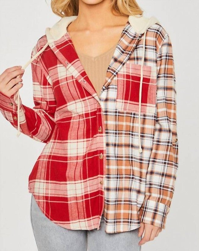 TWO TONE HOODED FLANNEL SHIRT IN RED, Red / Red, hi-res image number 0