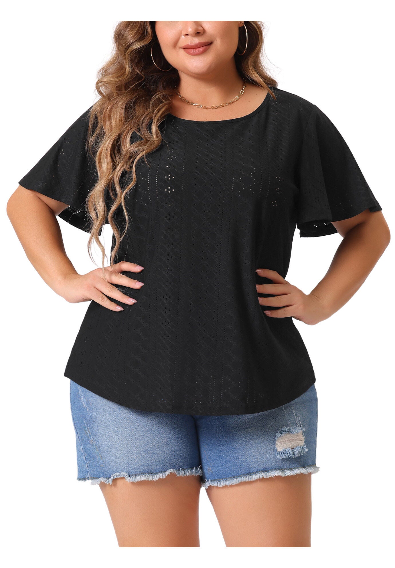 V NECK LOOSE FIT RUFFLE SLEEVE SUMMER HOLLOW TOP, Black / Black, alternate image number 1
