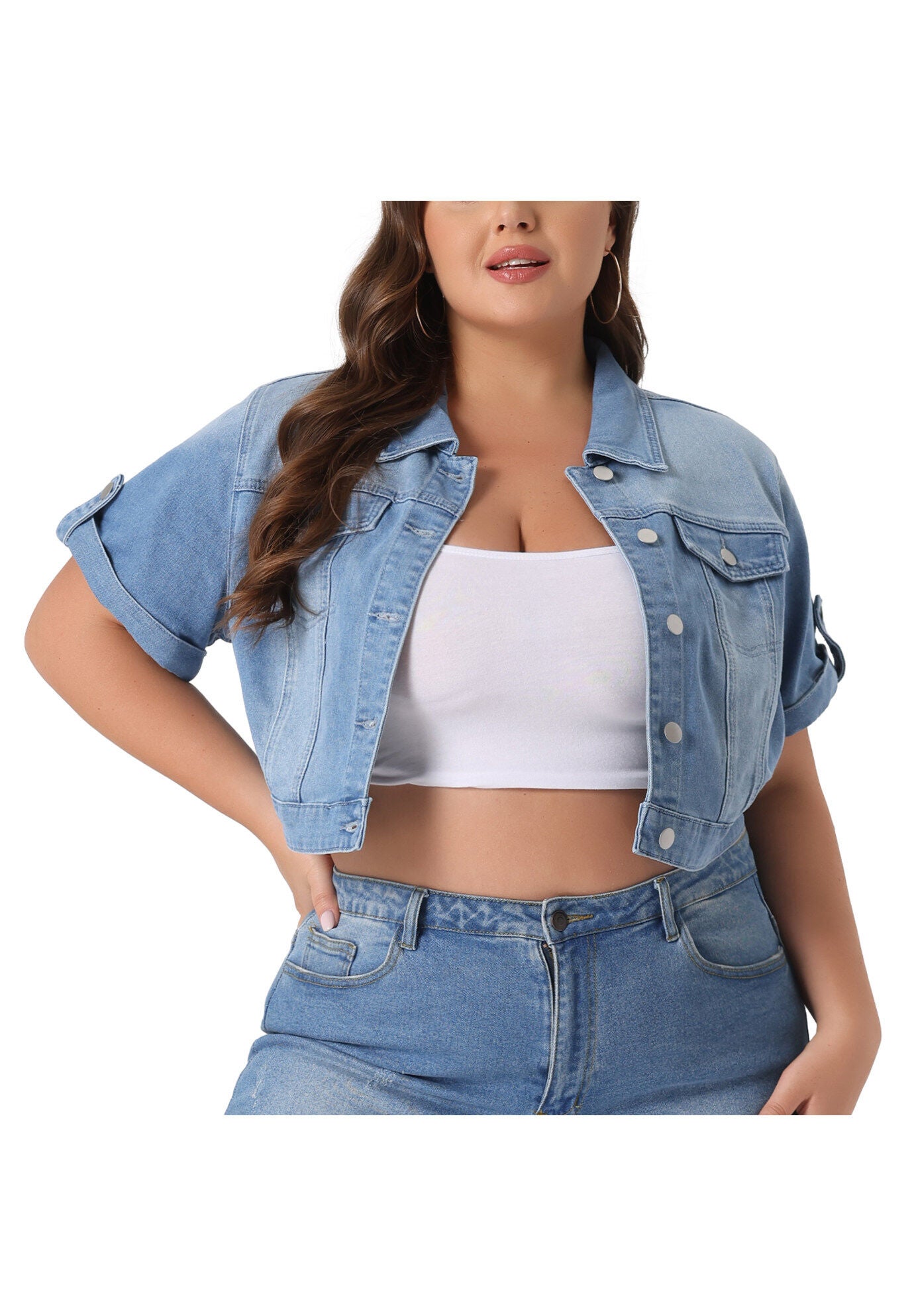 SHORT SLEEVE WASHED CROPPED DENIM JACKET, Light Blue / Light Blue, alternate image number 2