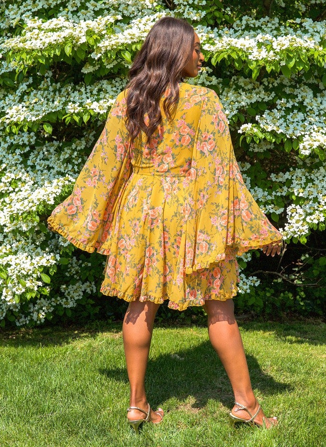 PENNY FLORAL FLARED SLEEVE MINI SKATER DRESS, Mustard / Mustard, alternate image number 4