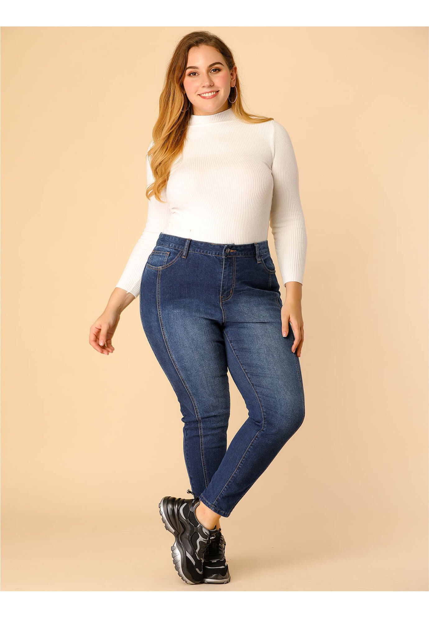 MID RISE STRETCH WASHED SKINNY JEANS DENIM JEGGINGS, Dark Blue / Navy, alternate image number 3