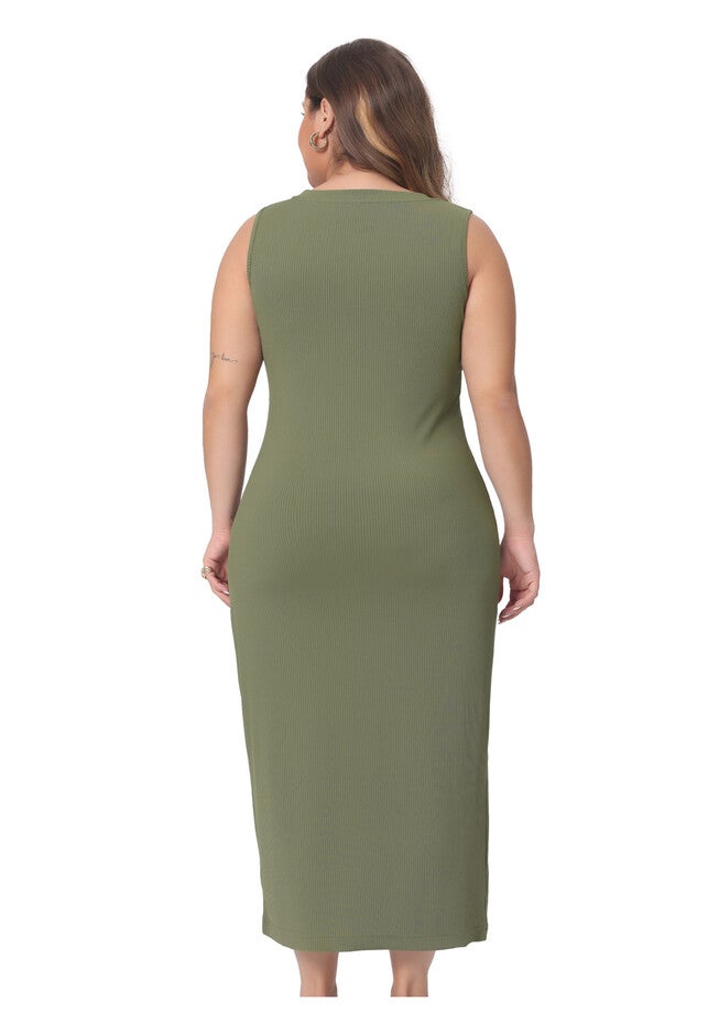 Knit Slit Tank Midi Ruched Sleeveless Bodycon Dress, Army Green / Olive Green, alternate image number null