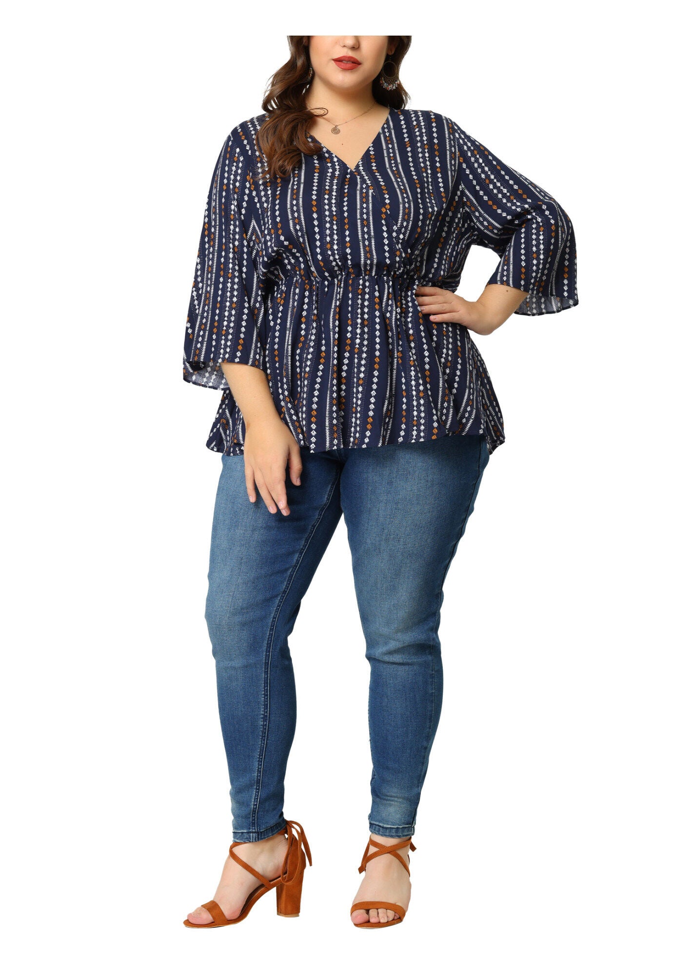 Boho Work V Neck Striped Peplum Top Blouse, Blue / Navy, alternate image number 1