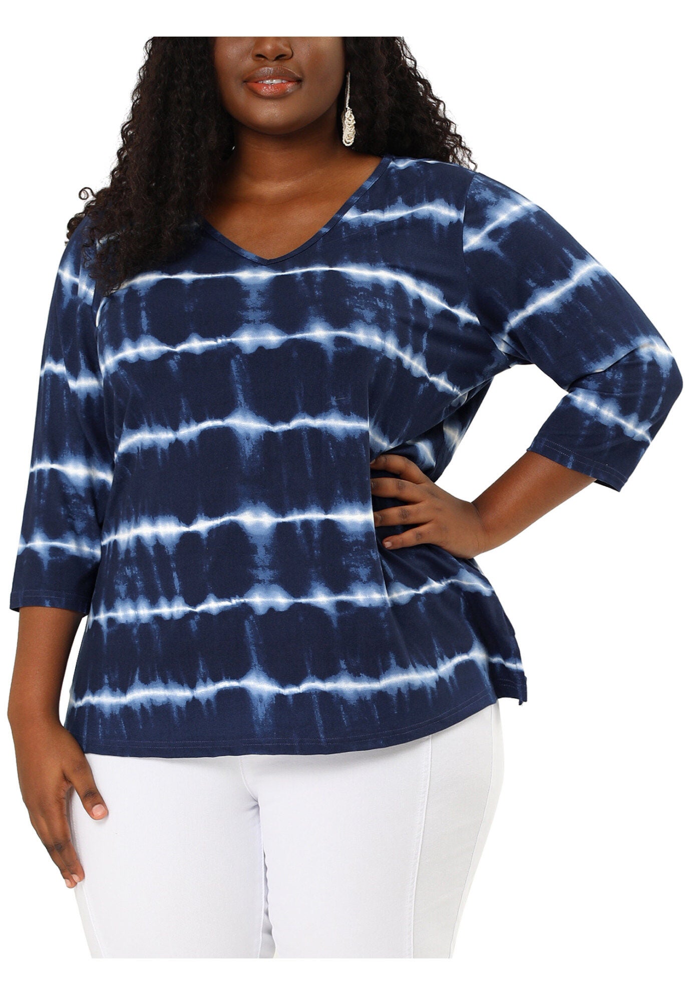 V Neck 3/4 Sleeve Loose Casual Striped Tie Dye Print T-Shirt Top, Blue / Navy, alternate image number 2