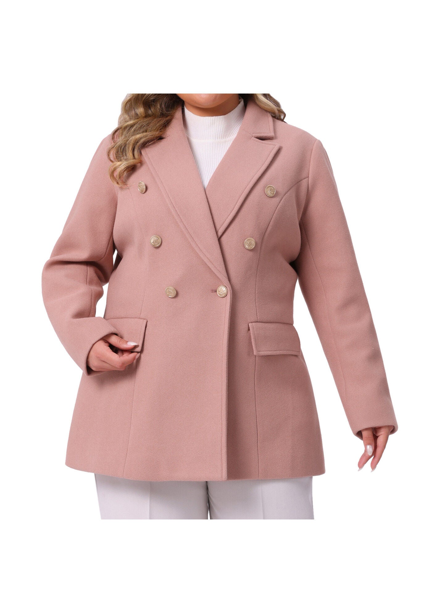 Notch Double-Breasted Lapel Winter Coats, Pink / Pink, alternate image number 1