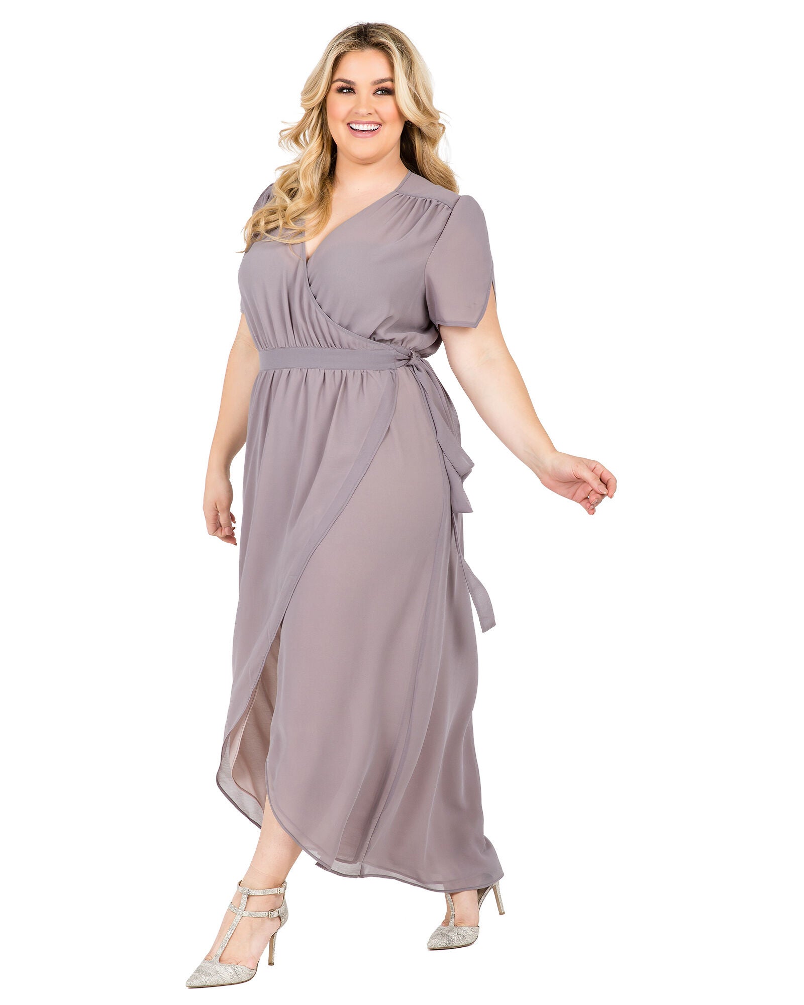 Robin Short Sleeve V-Neck Maxi Dress Peach Pink Floral Print, Grey / Light Grey, alternate image number 1