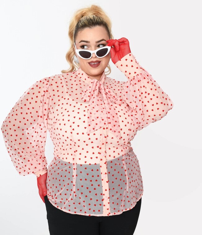 Unique Vintage Pink & Red Hearts Gwen Blouse, Pink Red Hearts / Pink, alternate image number 1