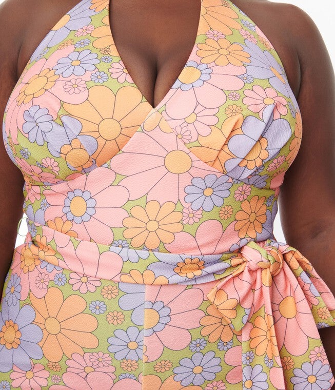 Smak Parlour Avocado Green & Multicolor Daisy Glamour Goddess Jumpsuit, , alternate image number null