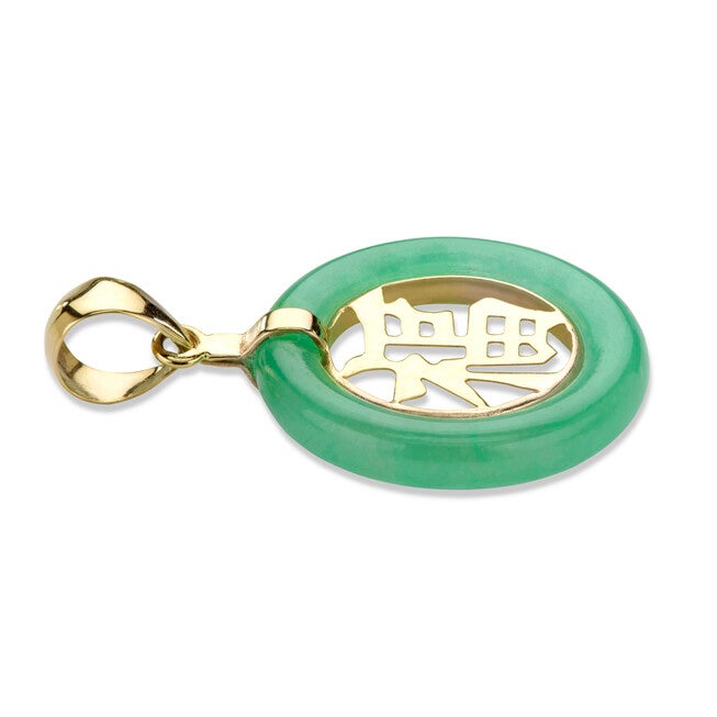 Genuine Green Jade Solid 10k Yellow Gold Round "Blessed" Pendant 3/4 inches, , alternate image number null