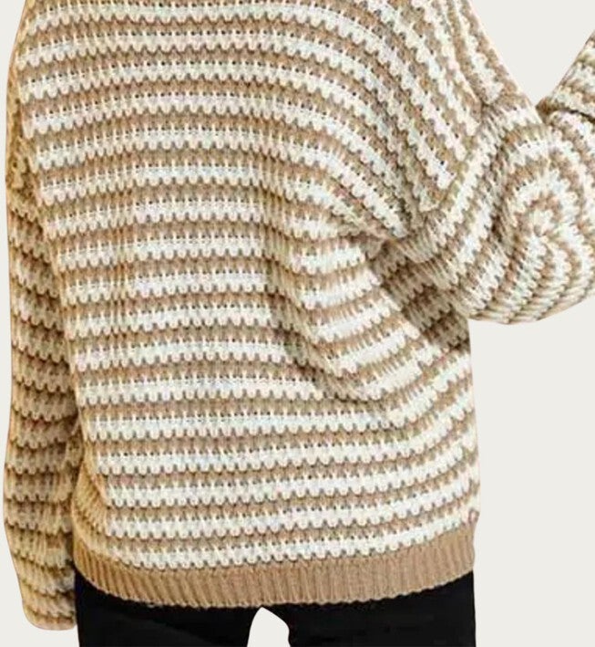STRIPED V-NECK KNIT SWEATER IN KHAKI/WHITE, , alternate image number null
