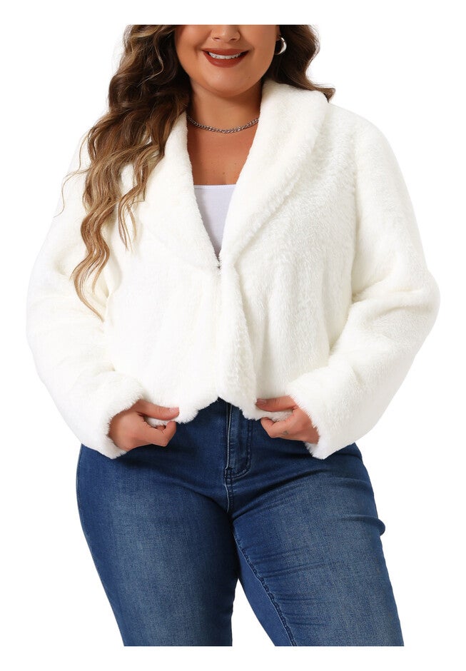 CROPPED LAPEL SHRUG FAUX FUR FLUFFY COAT JACKET, White / White, alternate image number 1