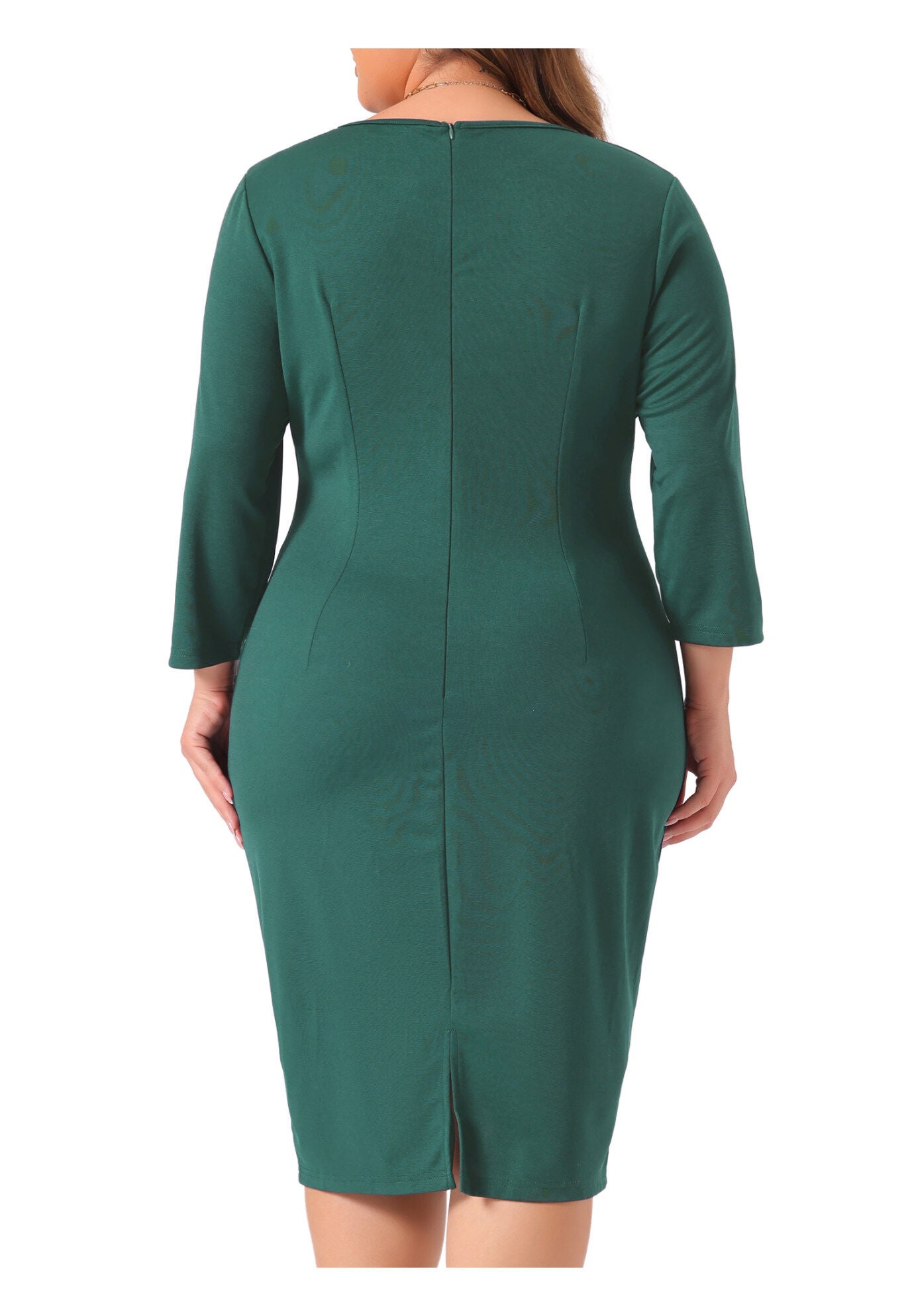 3/4 Sleeve Ruffle Midi Pencil Bodycon Cocktail Dress, Dark Green / Forest Green, alternate image number 3