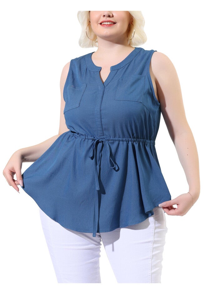 Sleeveless V Neck Drawstring Waist Chambray Tank Shirt, Blue / Chambray Denim Medium, alternate image number 2