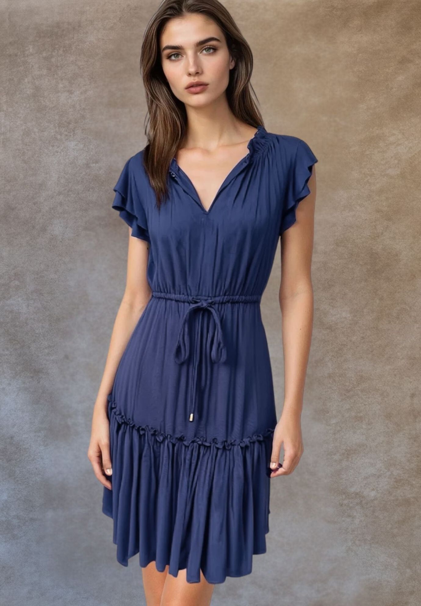 Annick- Mireille Short Dress Frilled Sleeves Tiered Tie Waist, Navy / Navy, alternate image number 1