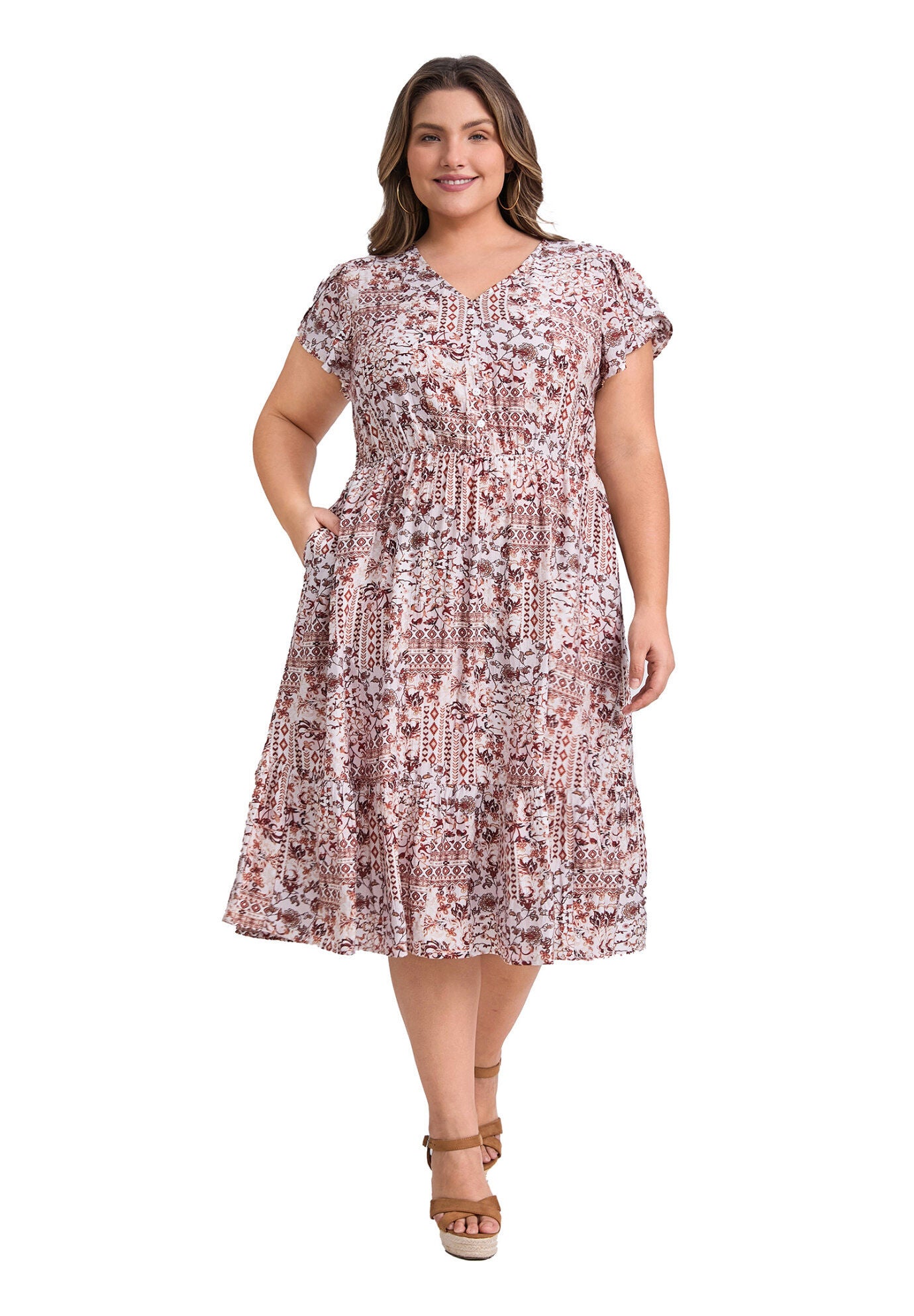 Floral Print V Neck Cap Sleeve A Line Flowy Midi Dress with Pockets, Brown Red / Burnt Orange, hi-res image number 0