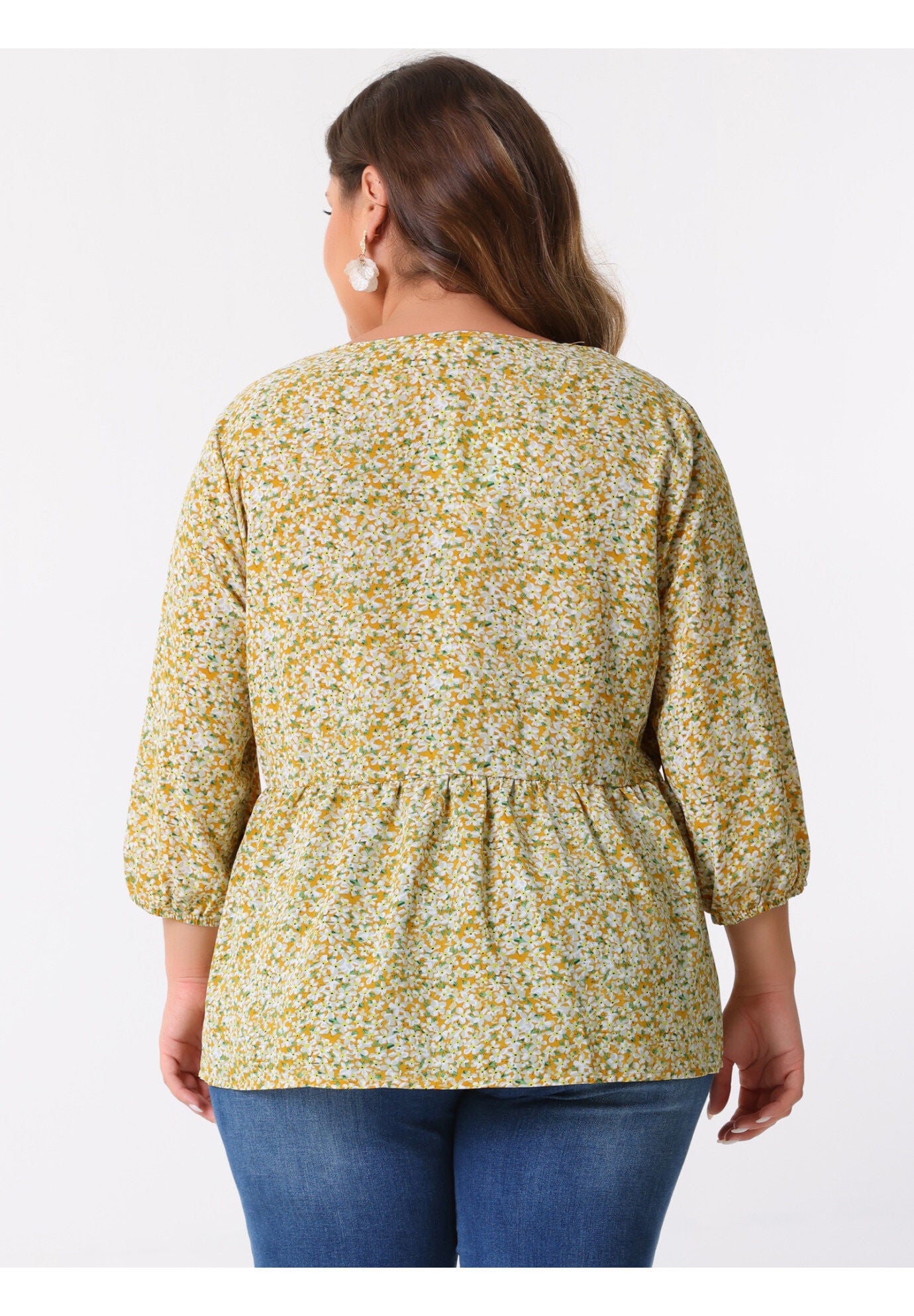 V Neck Babydoll Flowy 3/4 Lantern Sleeve Floral Blouse, Yellow / Yellow, alternate image number 3