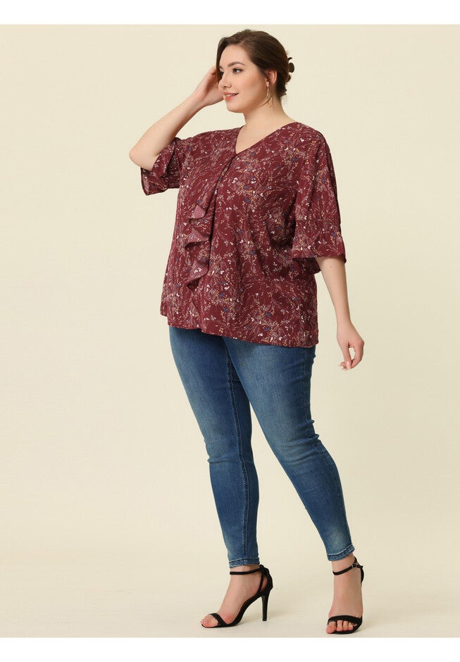 Ruffle Blouse V Neck Smocked Sleeves Top, Wine Red Floral / Red, alternate image number 3