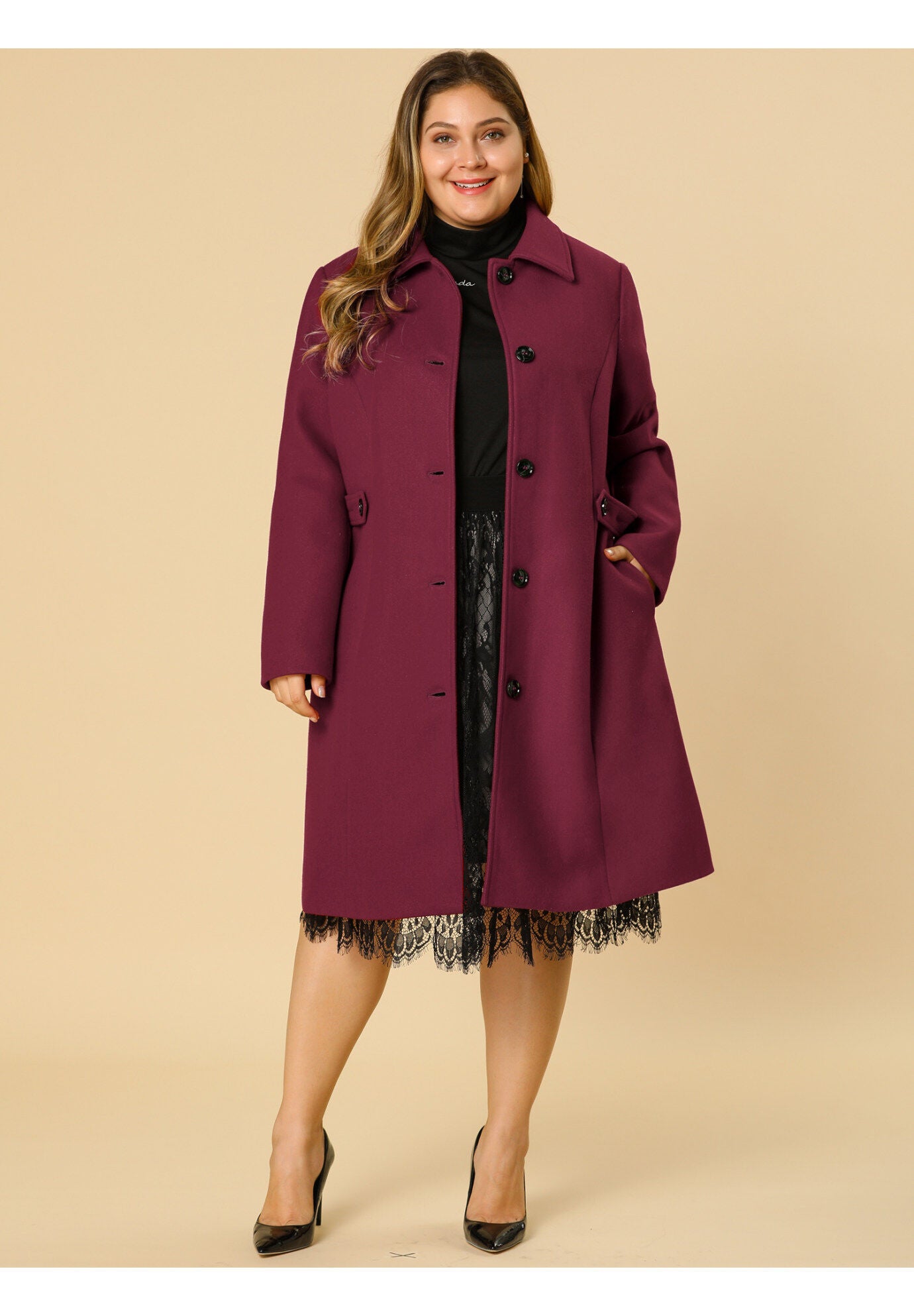 SINGLE BREASTED BELTED WINTER LONG COAT, Burgundy / Red, alternate image number 4