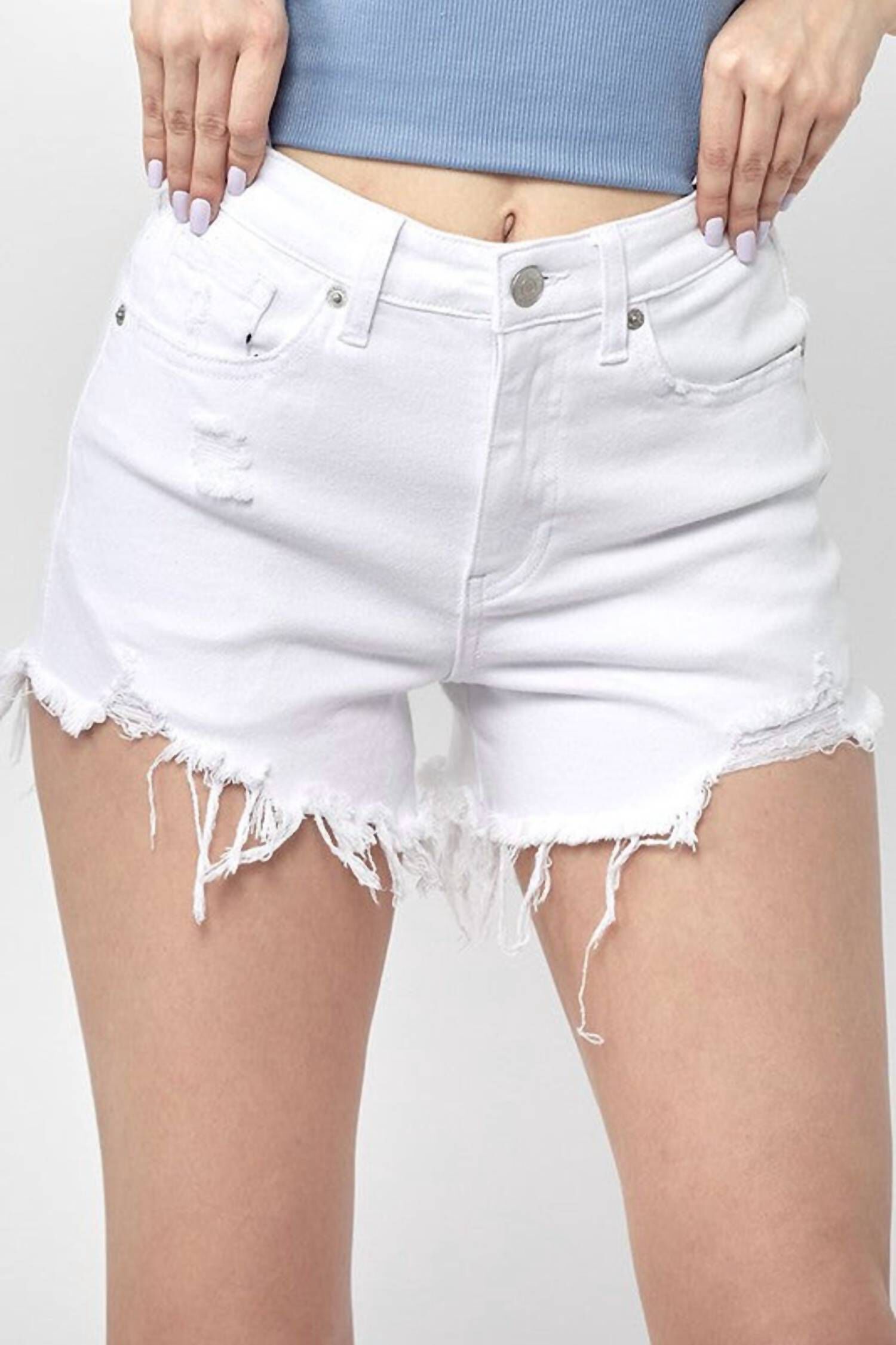 Denim High-Waisted Distressed Raw Hem Shorts In White, White / White, hi-res image number 0