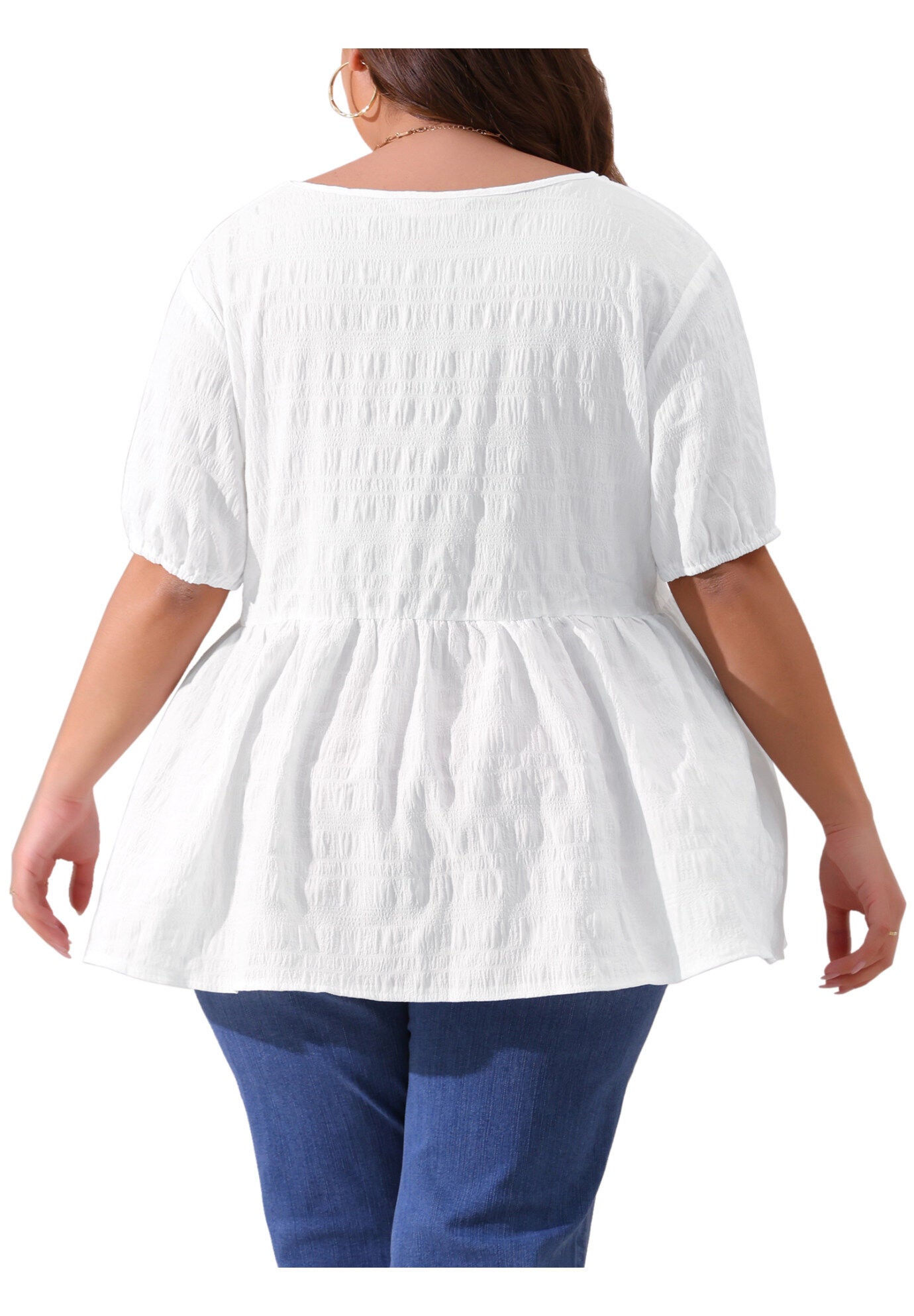 Babydoll Short Sleeve Loose Fit Flowy Blouse, White / White, alternate image number 3