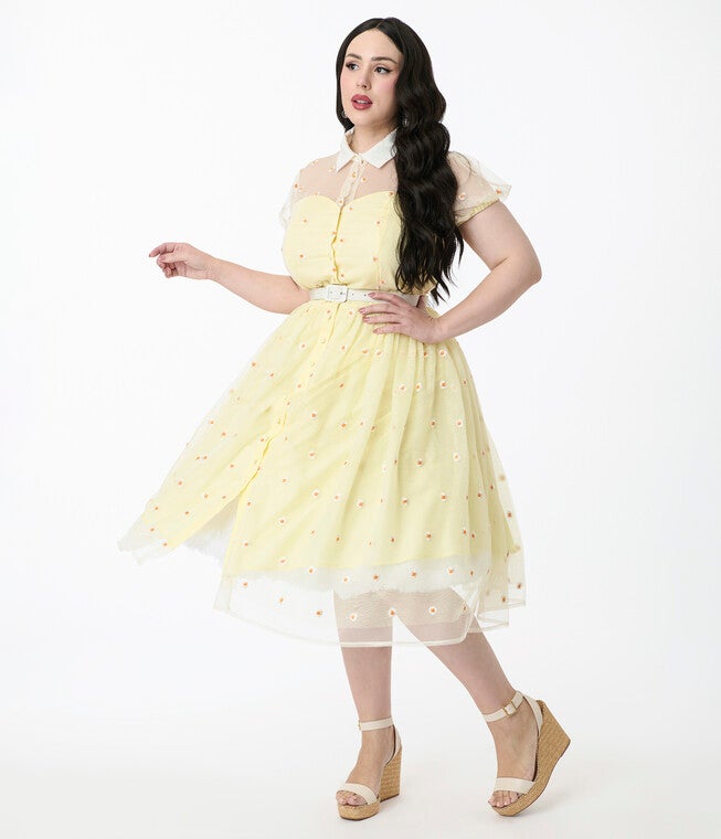 Unique Vintage Plus Size Yellow Daisy Print Hollie Swing Dress, Yellow / Yellow, hi-res image number 0