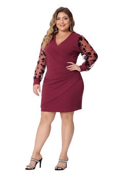 DEEP V NECK FAUX WRAP LONG SHEER SLEEVE COCKTAIL DRESS