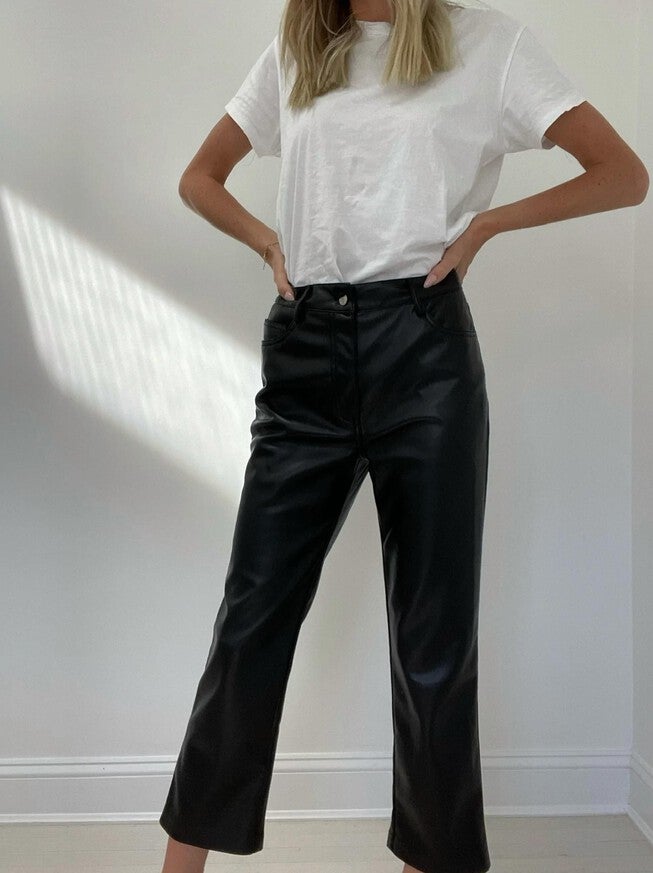 RACHEL FAUX LEATHER STRAIGHT CROP PANT IN BLACK, Black / Black, hi-res image number 0