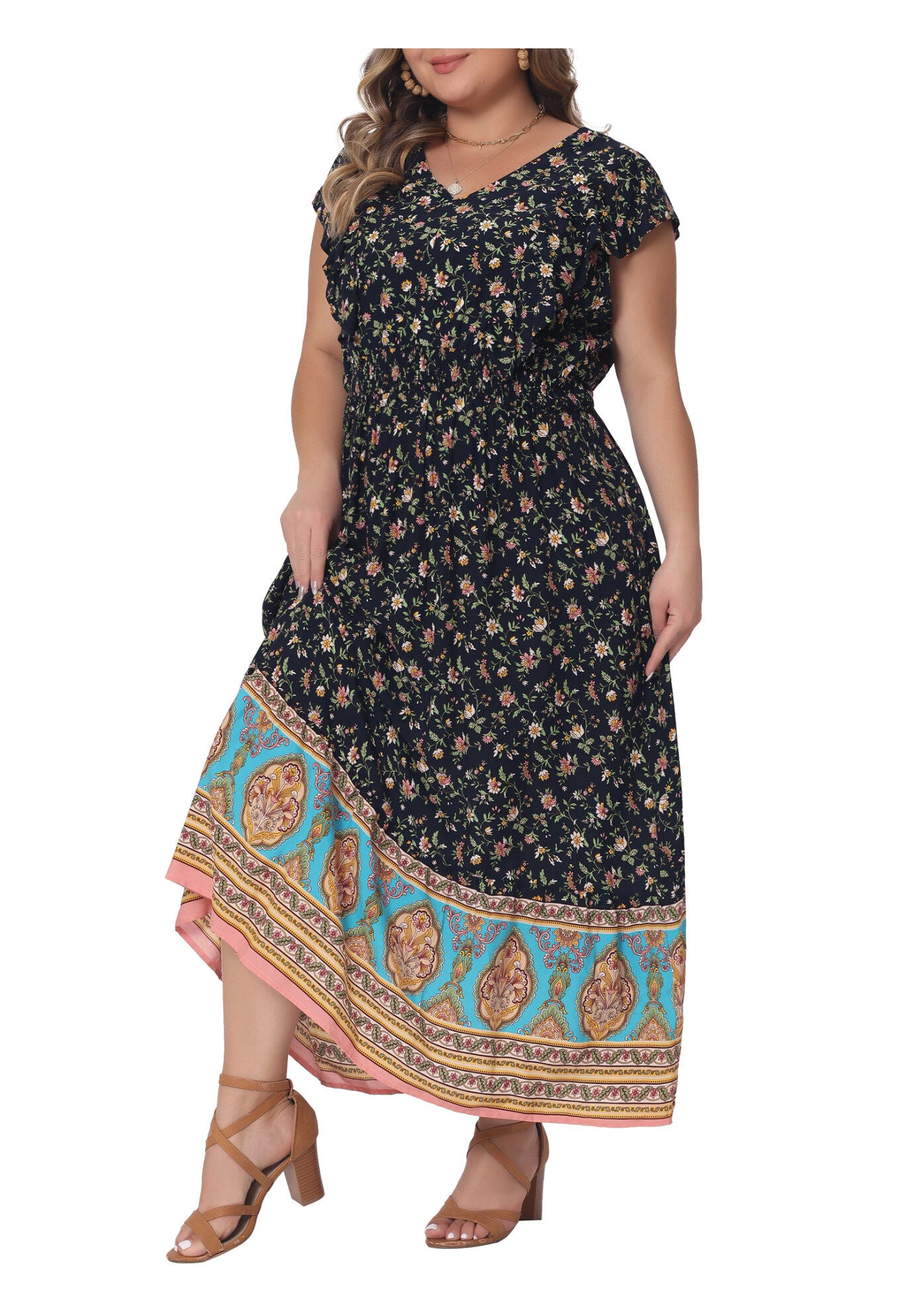 V Neck Ruffle Sleeve Boho Floral Maxi Long Dress, Navy Blue / Navy, alternate image number 1