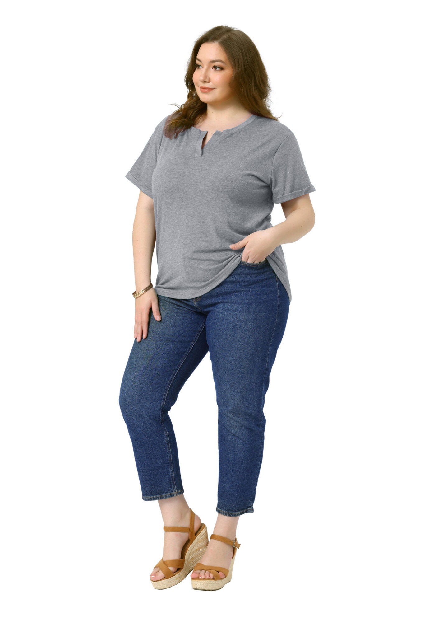 Short Sleeve Notched V Neck Summer Tees Tops, Gray / Light Grey, hi-res image number 0