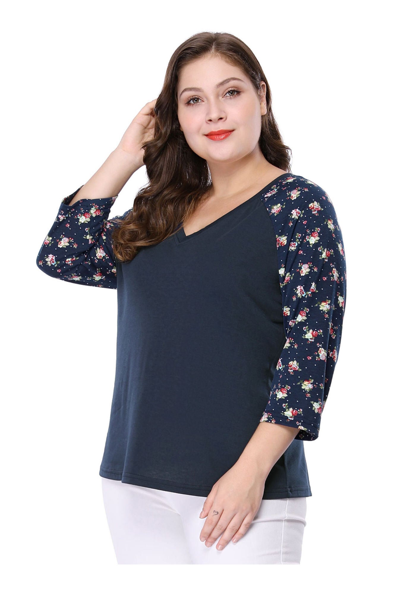 Casual V Neck 3/4 Sleeve Floral Raglan Top, Blue / Navy, hi-res image number 0