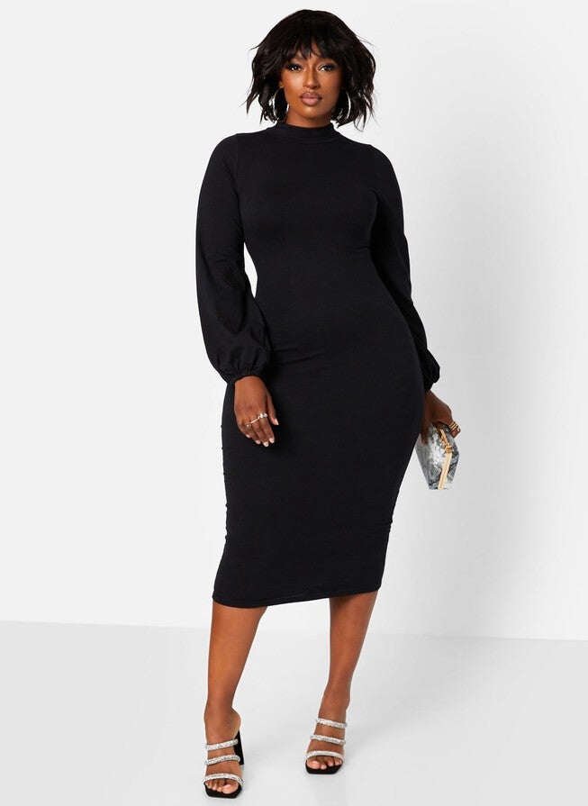 Turtleneck Cotton Puff Sleeves Bodycon Midi Dress, Black / Black, alternate image number 1