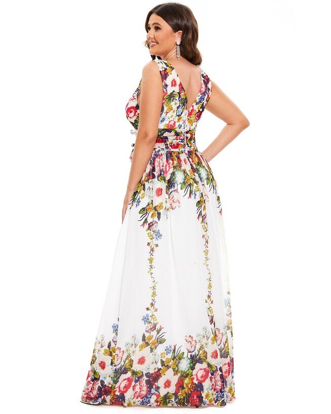 Pleated Sleeveless V-Neck Chiffon Maxi Dress, Printed Cream / Cream, alternate image number 1