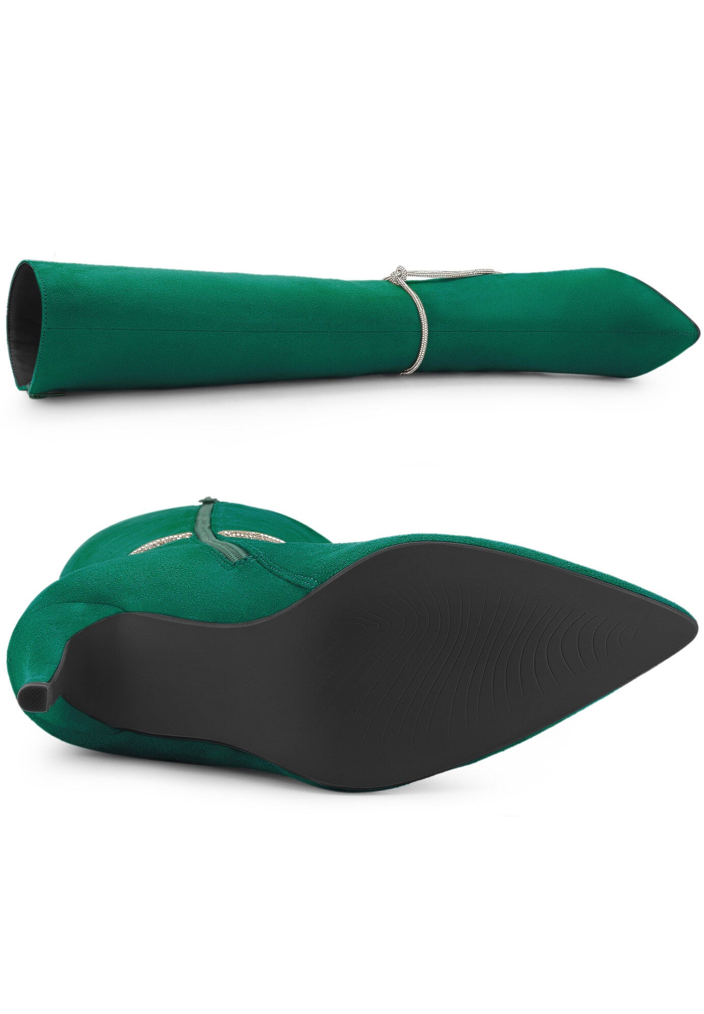 Rhinestone Chain Pointed Toe Stiletto Heels Knee High Boots, Green / Forest Green, alternate image number 3