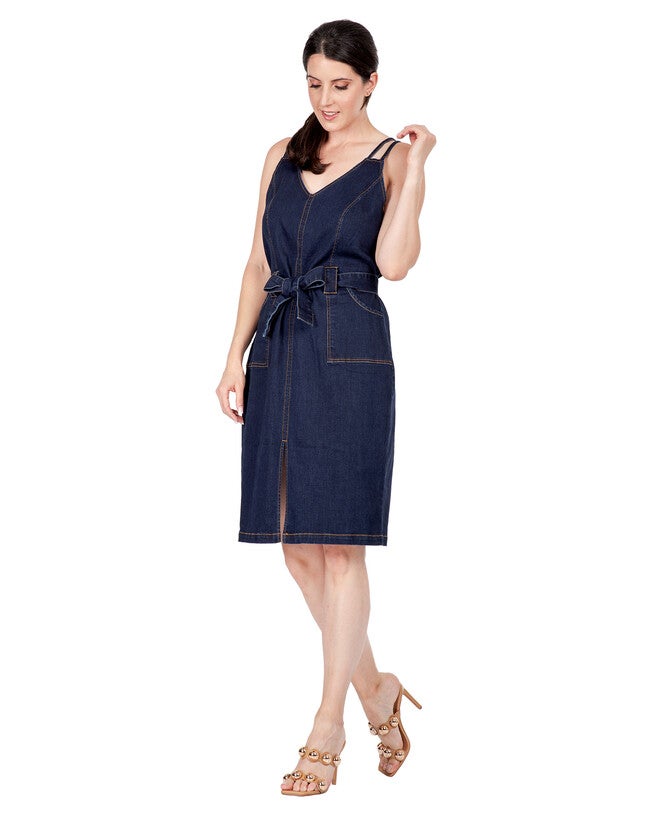 Gianna Women's Denim Front Slit Double Strap Casual Midi Dress, , alternate image number 8