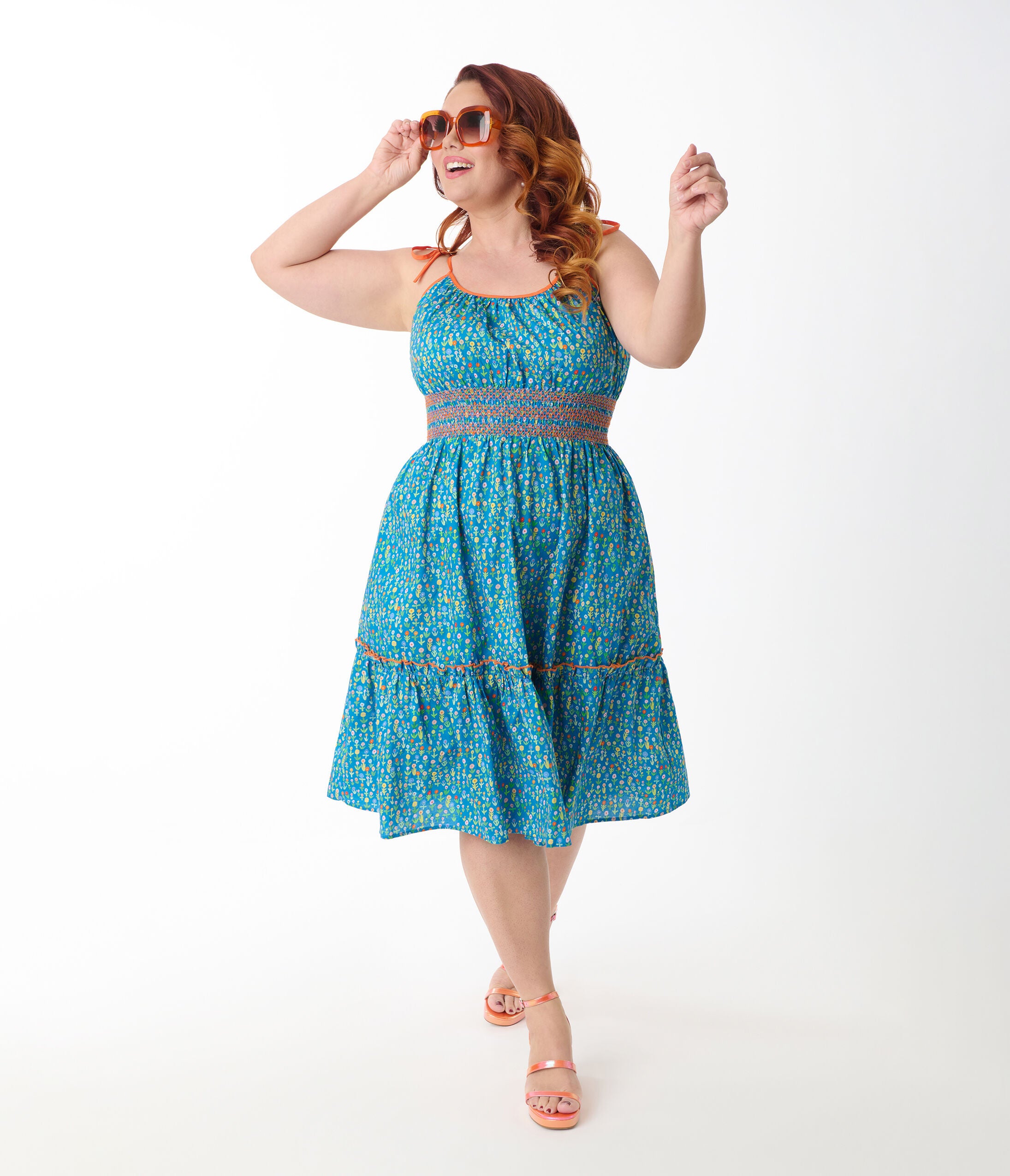 Smak Parlour Plus Size Blue Ditsy Floral Tiered Cotton Flare Dress, Cornflower Blue / Cornflower Blue, hi-res image number 0