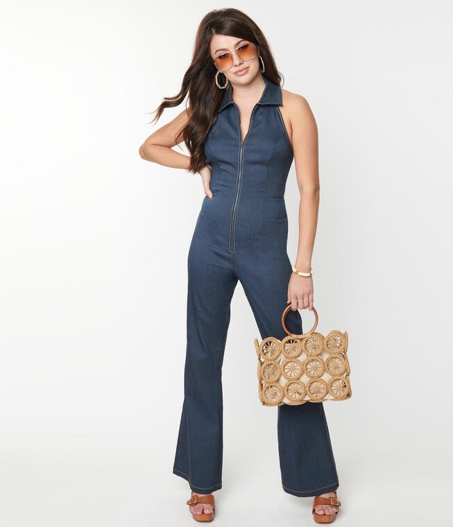 Smak Parlour Denim Bengaline Front Zipper Halter Jumpsuit, Denim / Dark Wash, hi-res image number null