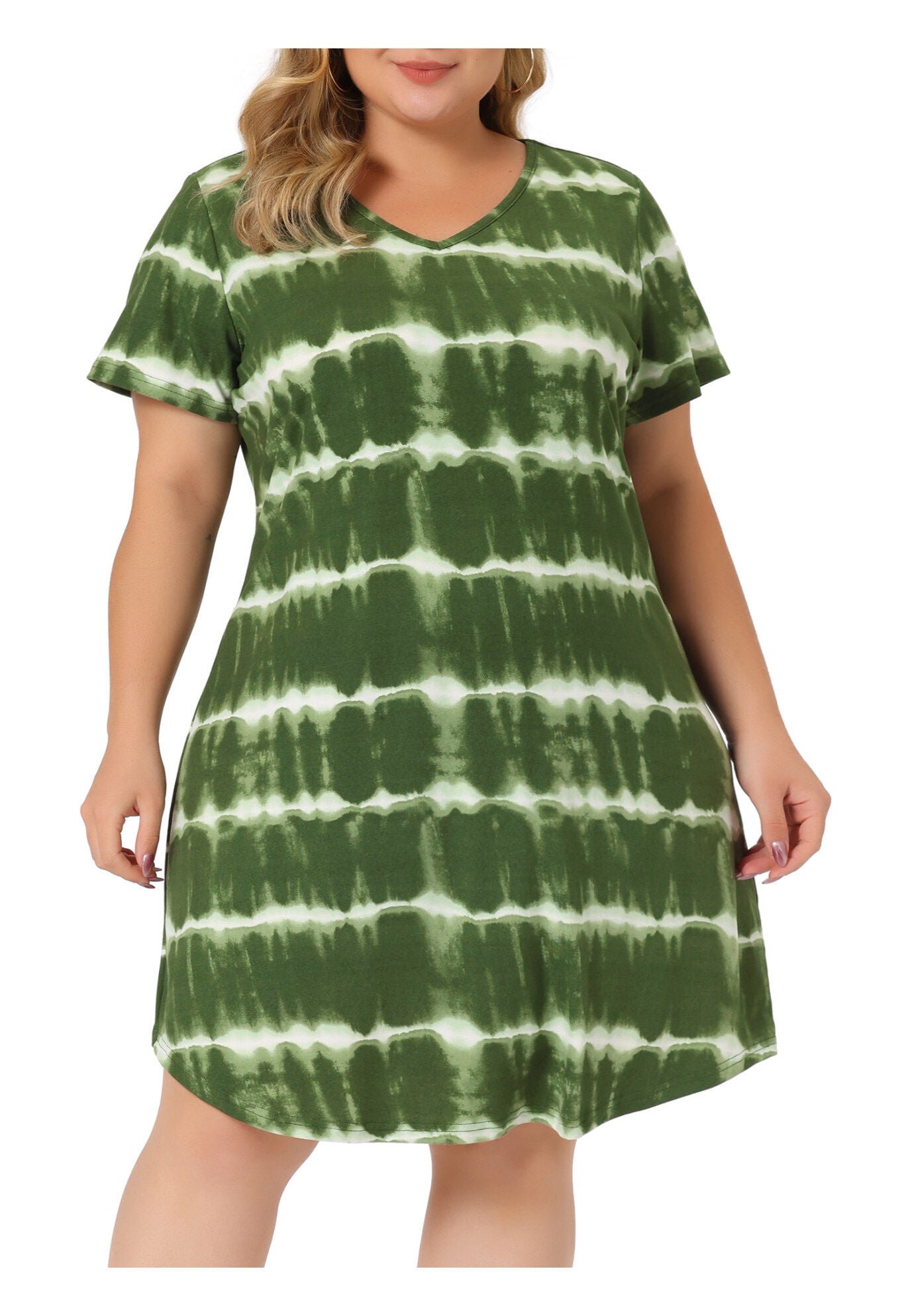 Tie Dye Summer V Neck Short Sleeve Dress, Green / Light Green, alternate image number 2