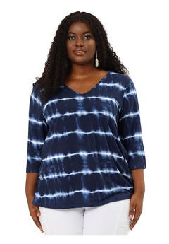 V Neck 3/4 Sleeve Loose Casual Striped Tie Dye Print T-Shirt Top