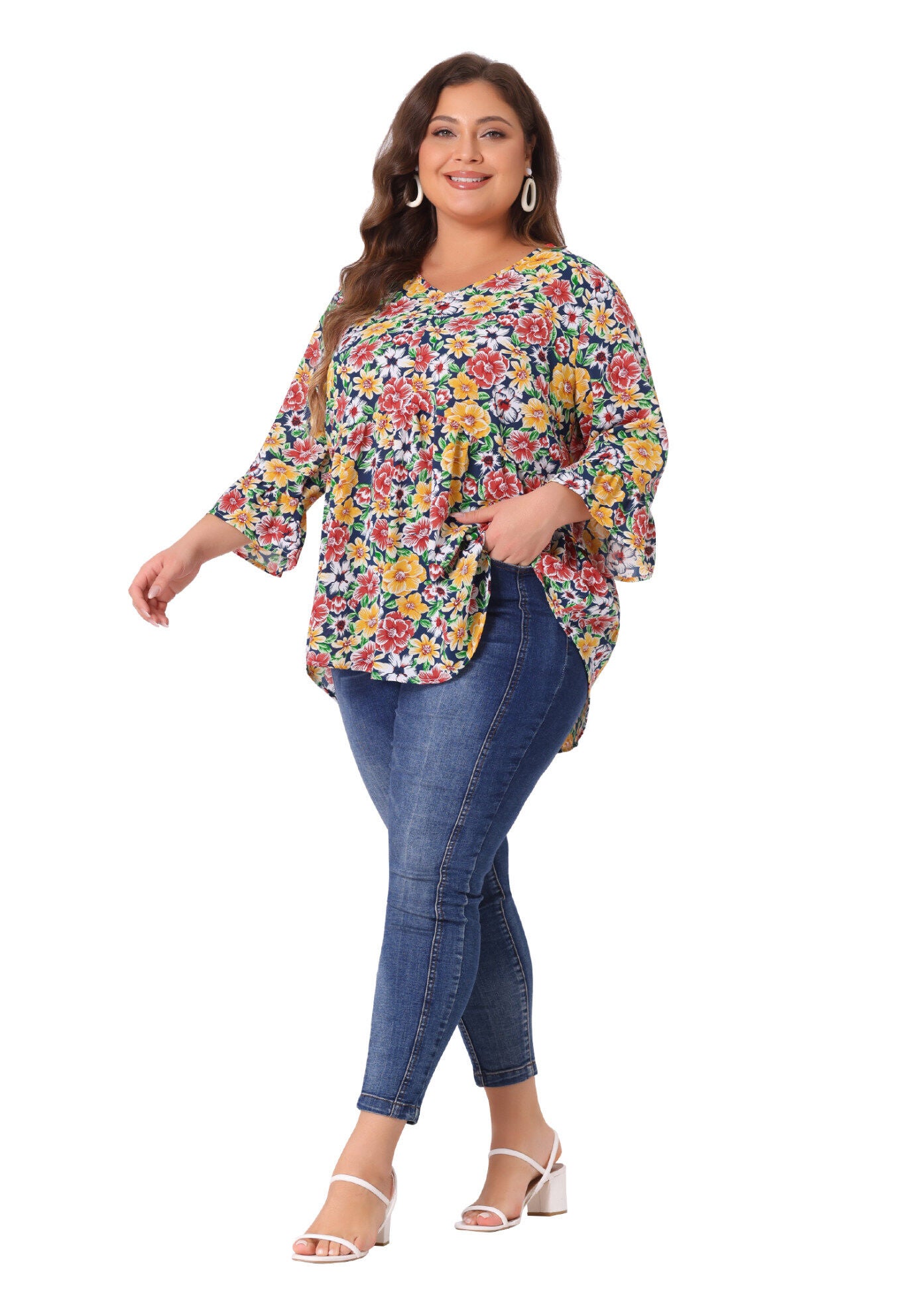 Floral V Neck Ruffle Sleeve Babydoll Peplum Blouse, Yellow / Yellow, hi-res image number 0